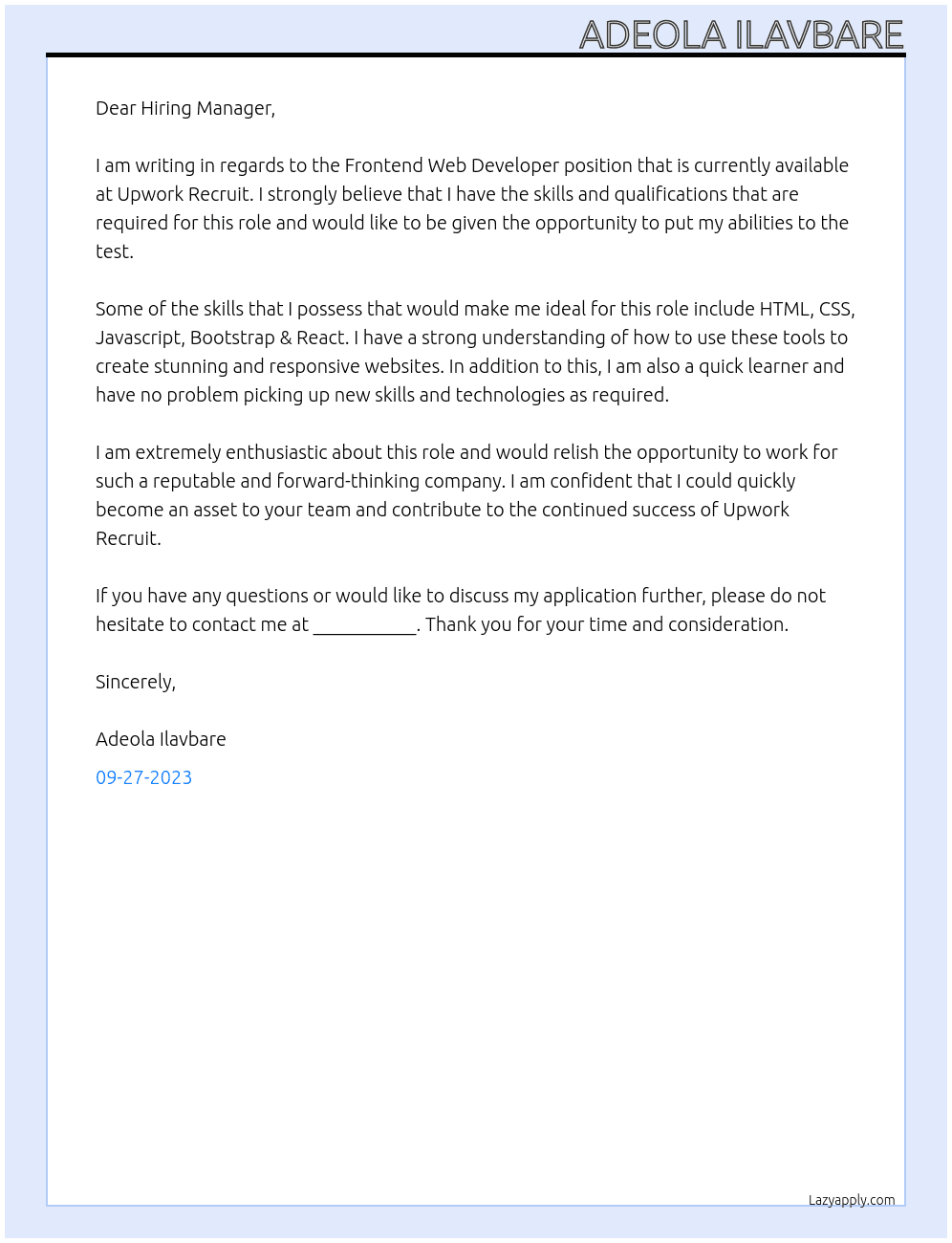 Frontend Web Developer At Upwork Recuit Cover Letter