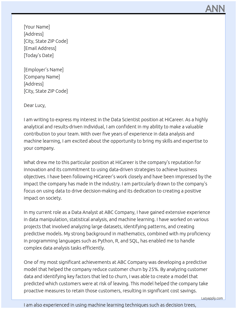 data scientist At  HiCareer Cover Letter