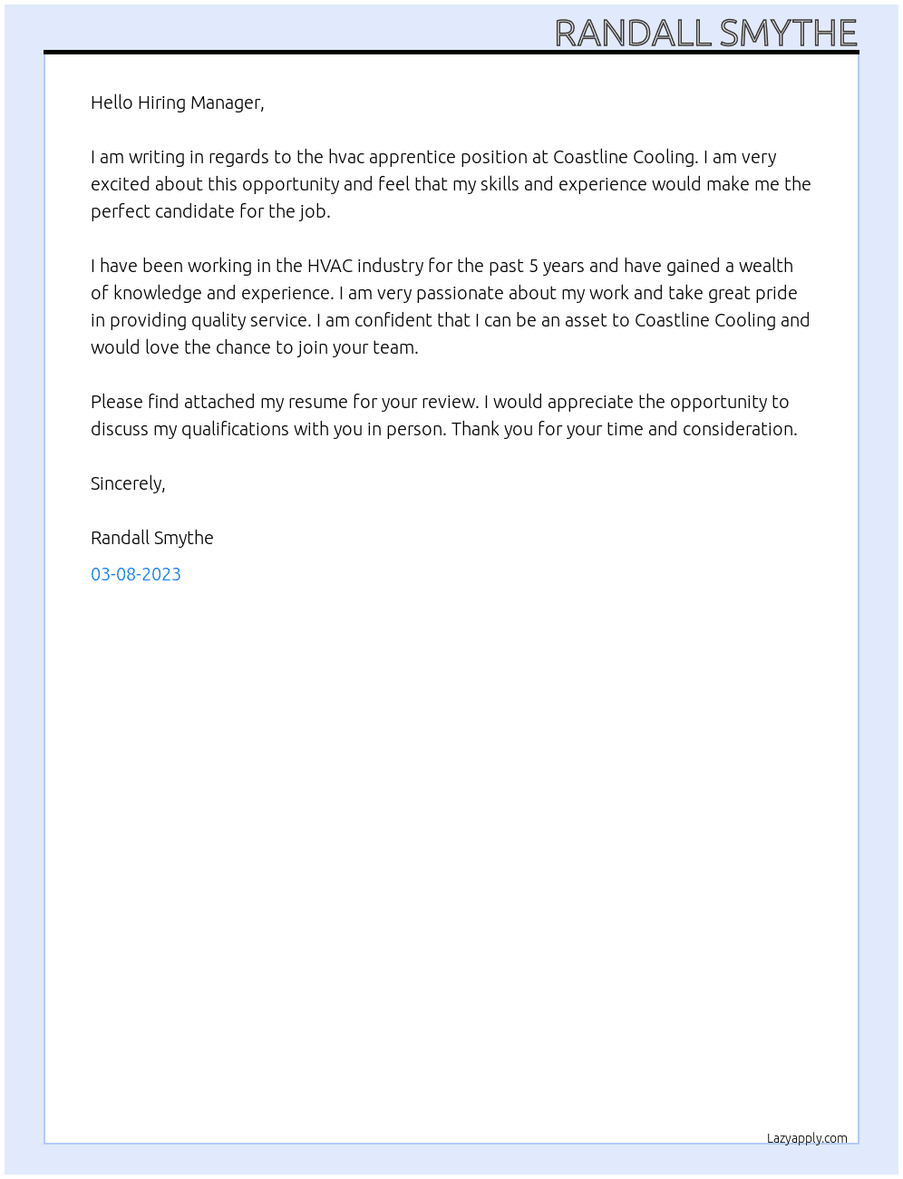 hvac apprentice At Coastline Cooling Cover Letter
