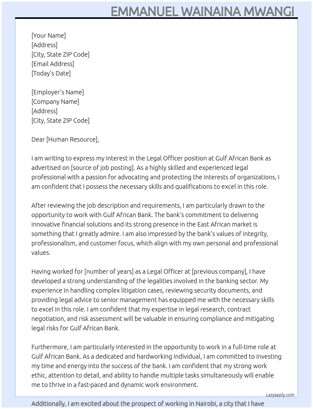 LEGAL OFFICER  At GULF AFRICAN BANK  Cover Letter