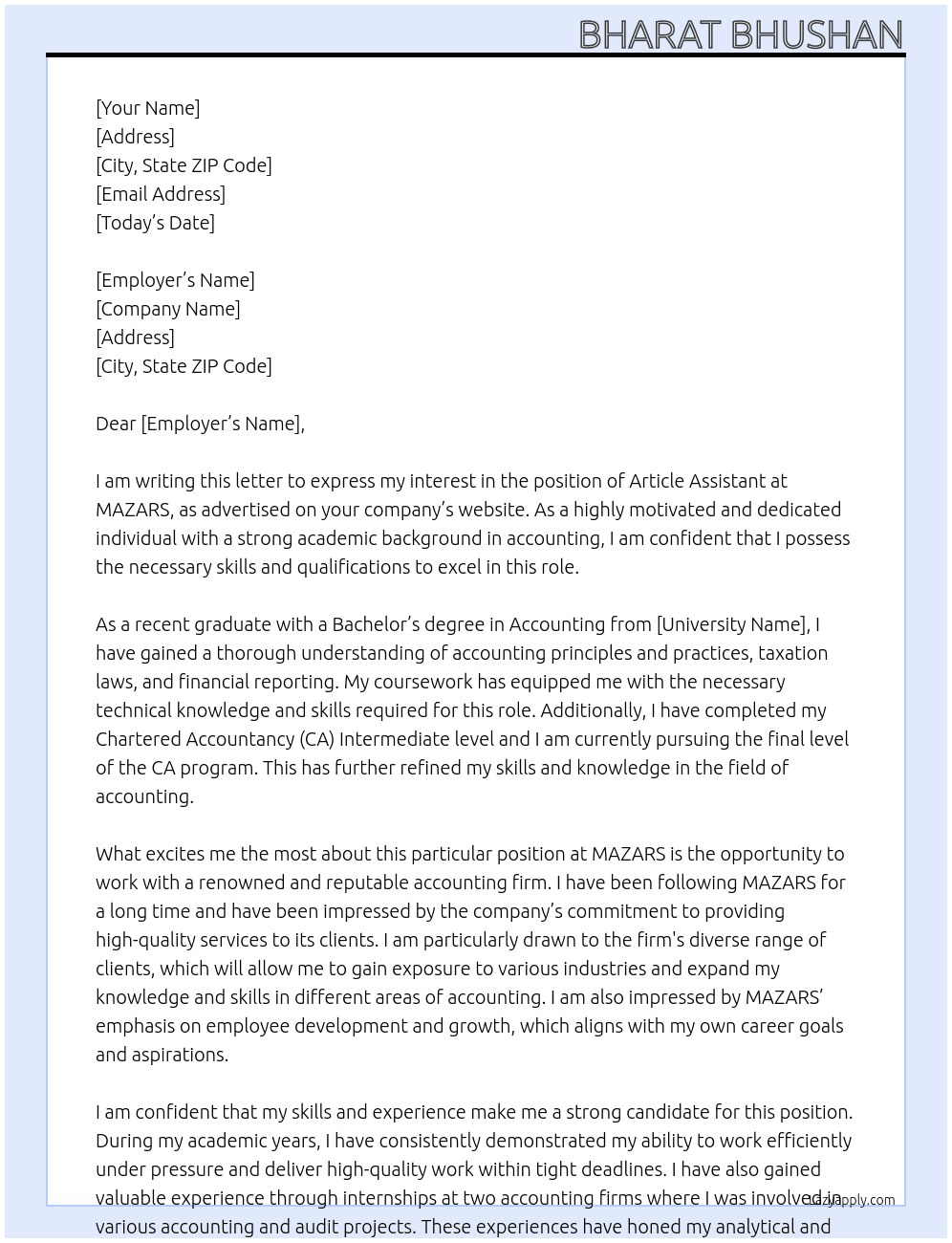 Article Assistant  At MAZARS Cover Letter