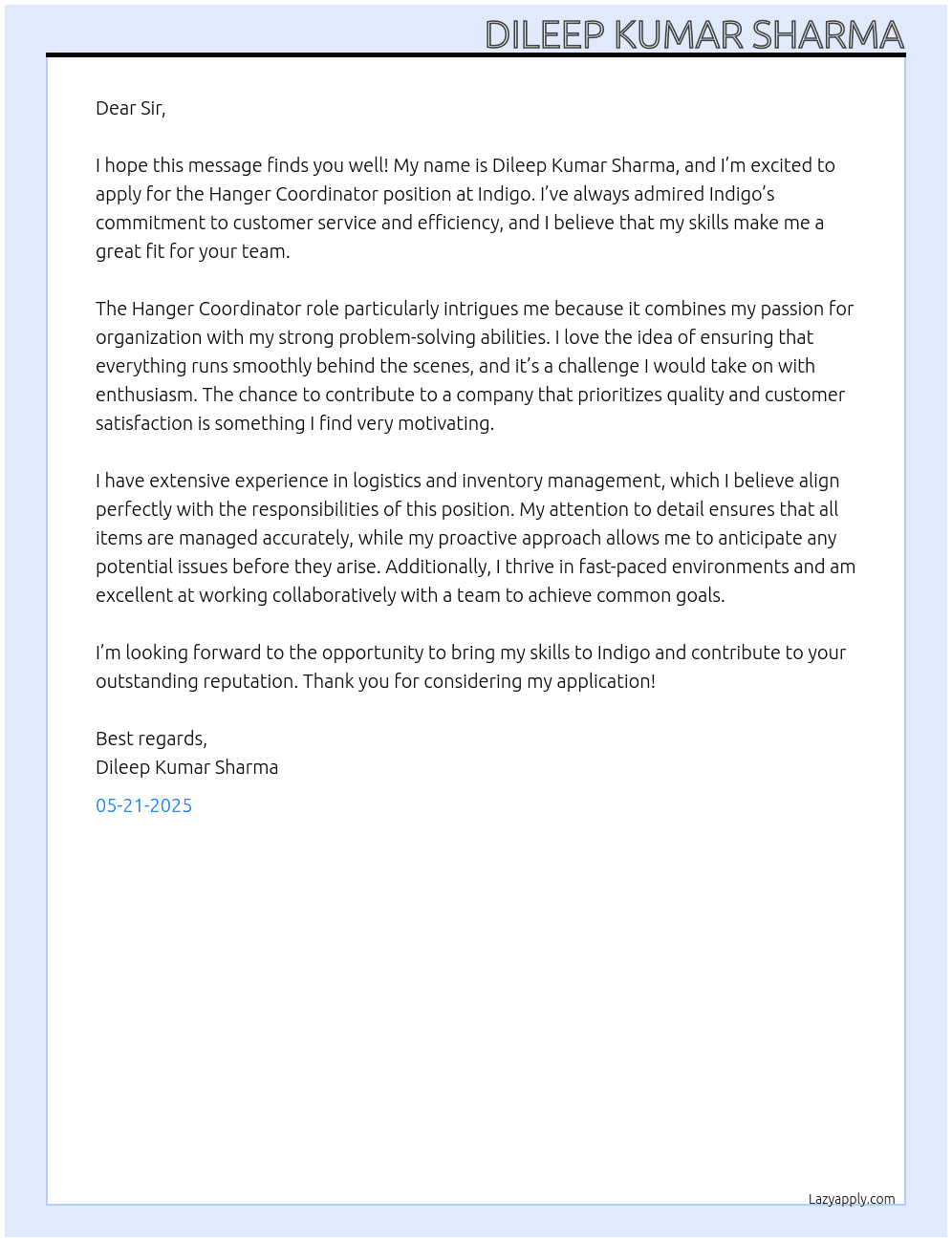 Cover letter for hanger coordinator - LazyApply