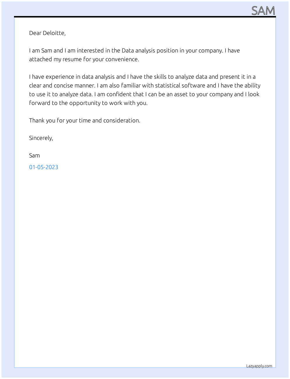 Data analysis  At Deloitte Cover Letter
