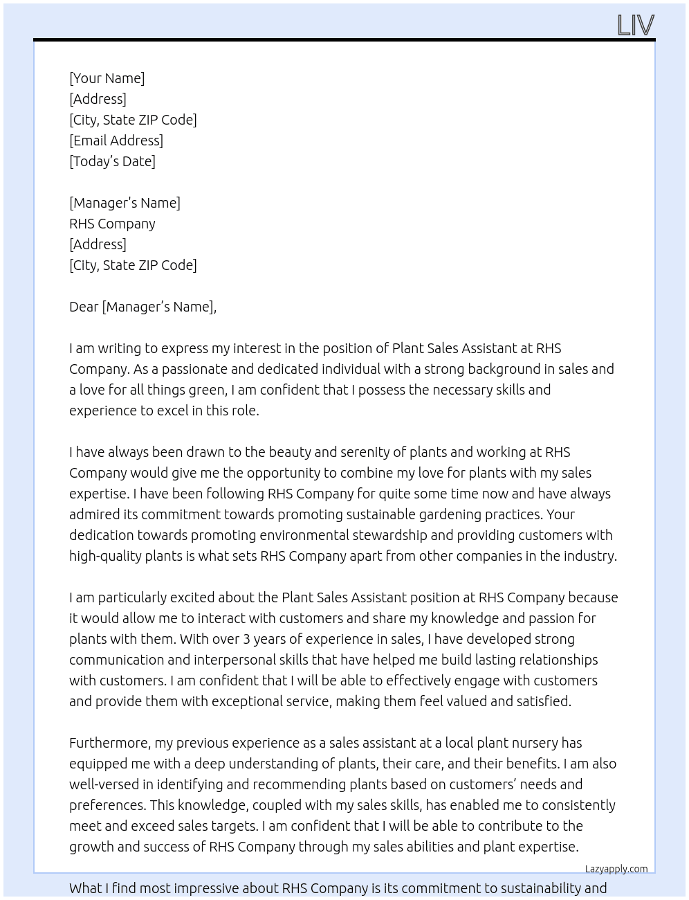 Plant sales assistant  At RHS Cover Letter