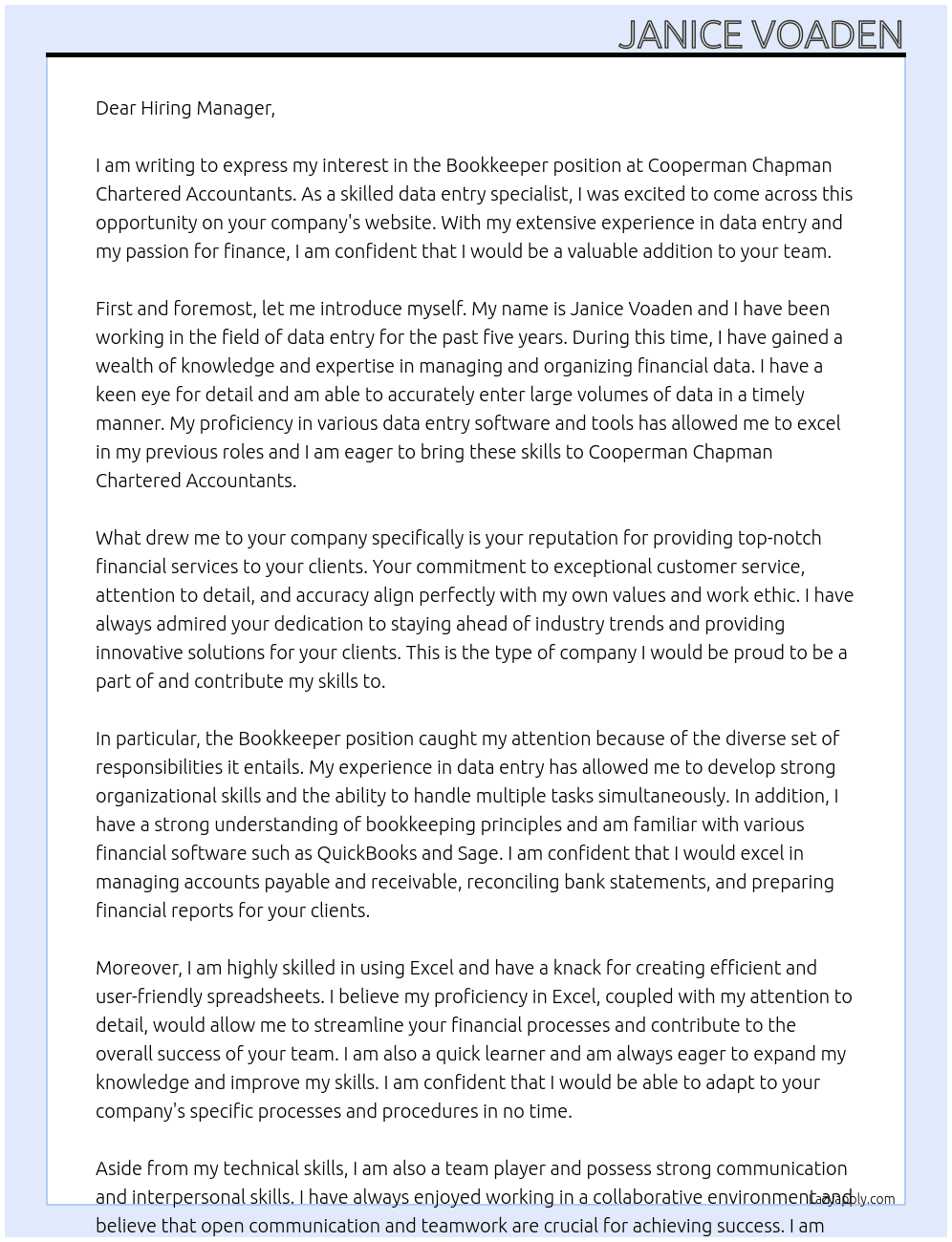 Bookkeeper At Cooperman Chapman Chartered Accountants Cover Letter