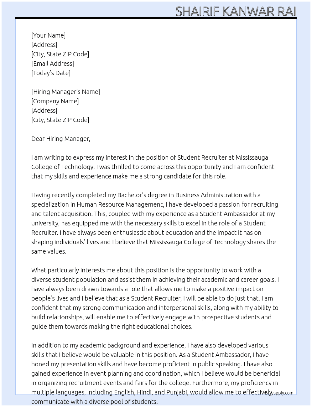 Student Recuiter At Mississauga College of Technology Cover Letter