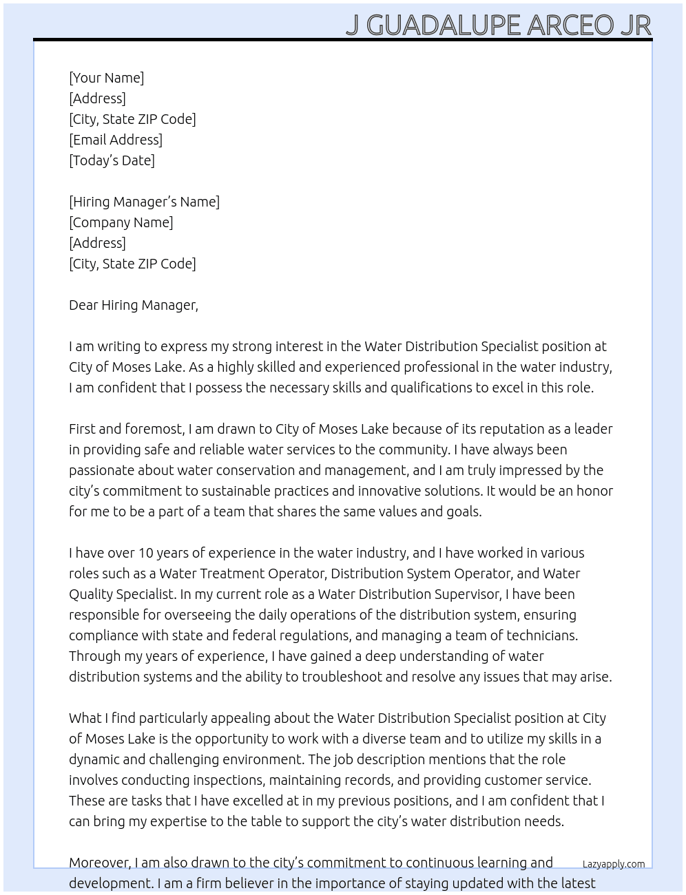 Water distribution specialist  At City of Moses Lake  Cover Letter