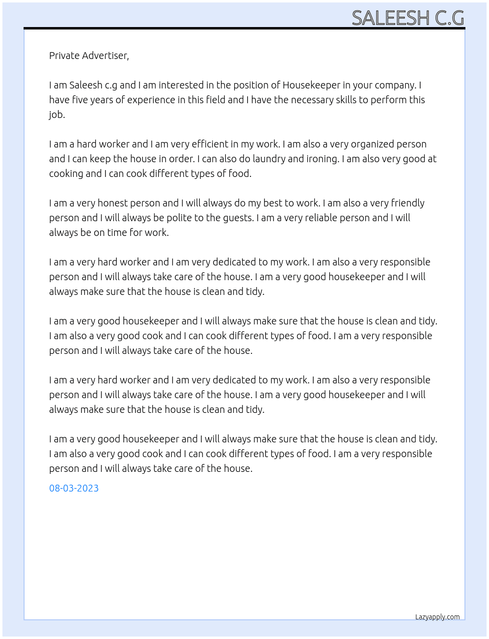 Housekeeper At Private Advertiser Cover Letter
