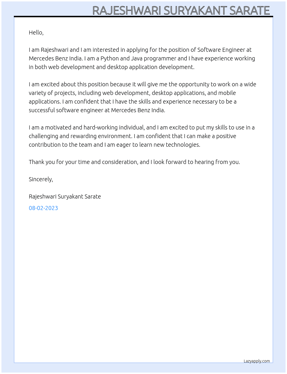 Software Engineer  At Mercedes benz india Cover Letter