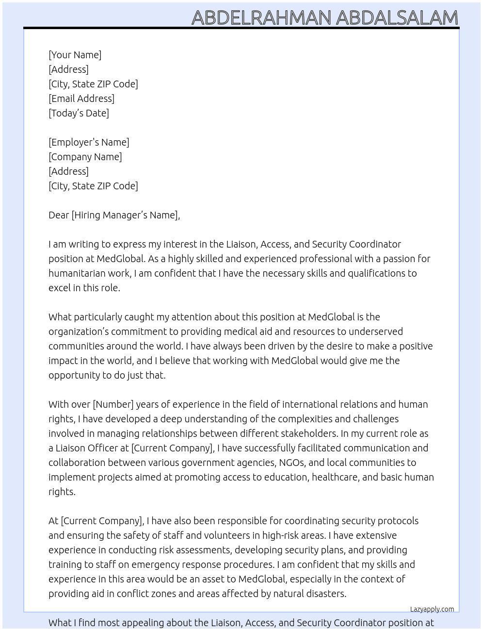 Liaison, Access and Security Coordinator At MedGlobal Cover Letter