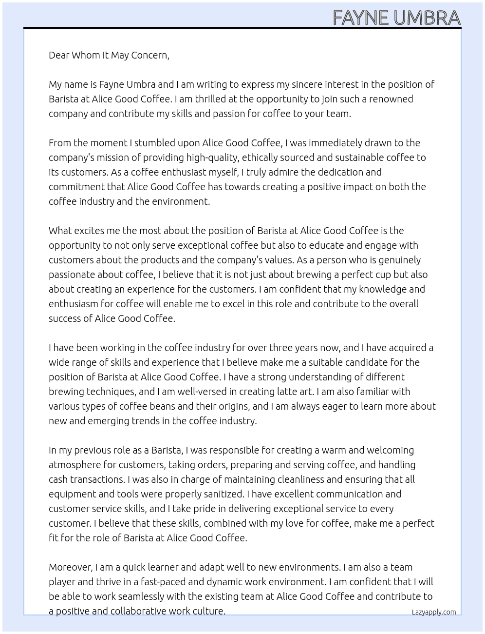Barista At Alice Good Coffee Cover Letter