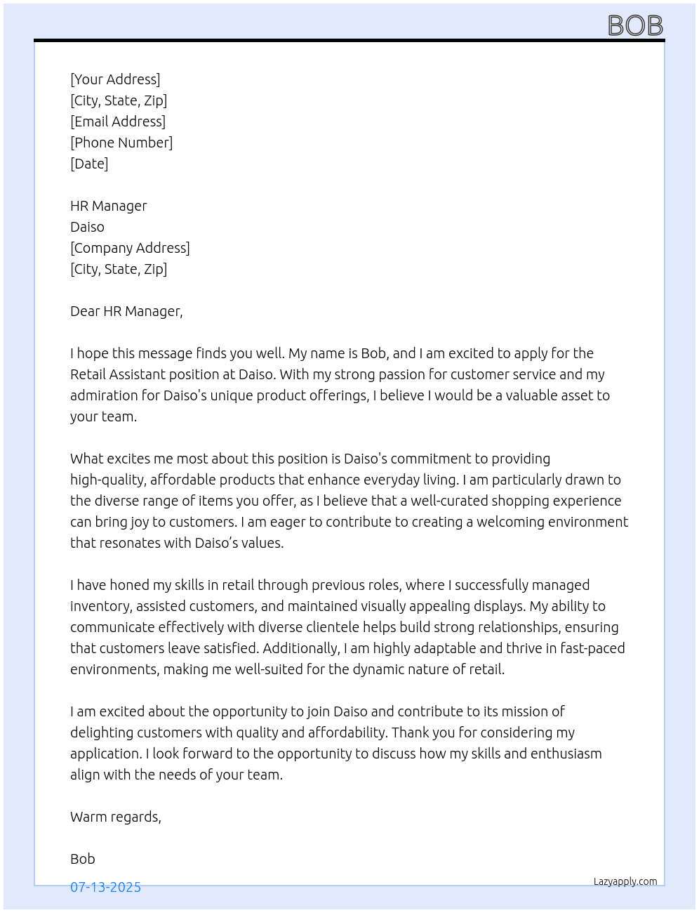 retail assistant  At daiso Cover Letter