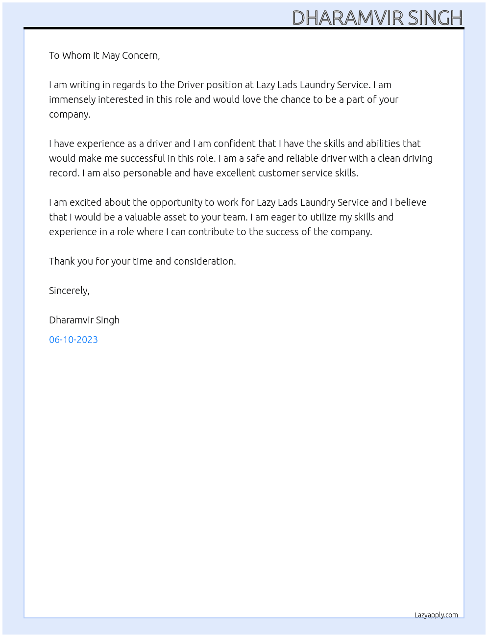 Driver At Lazy Lads Laundry Service Cover Letter