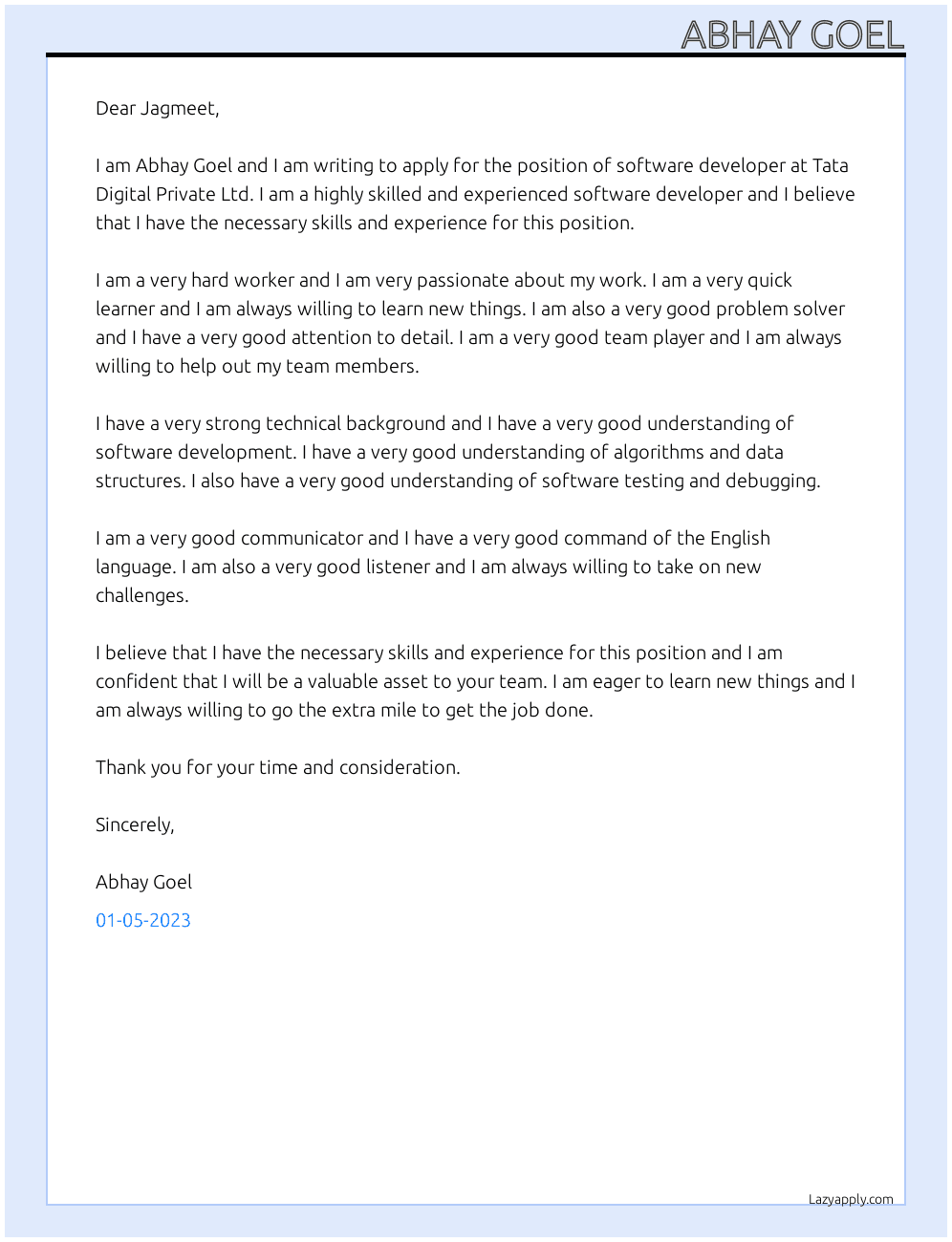 Software developer At Tata Digital Private Ltd Cover Letter