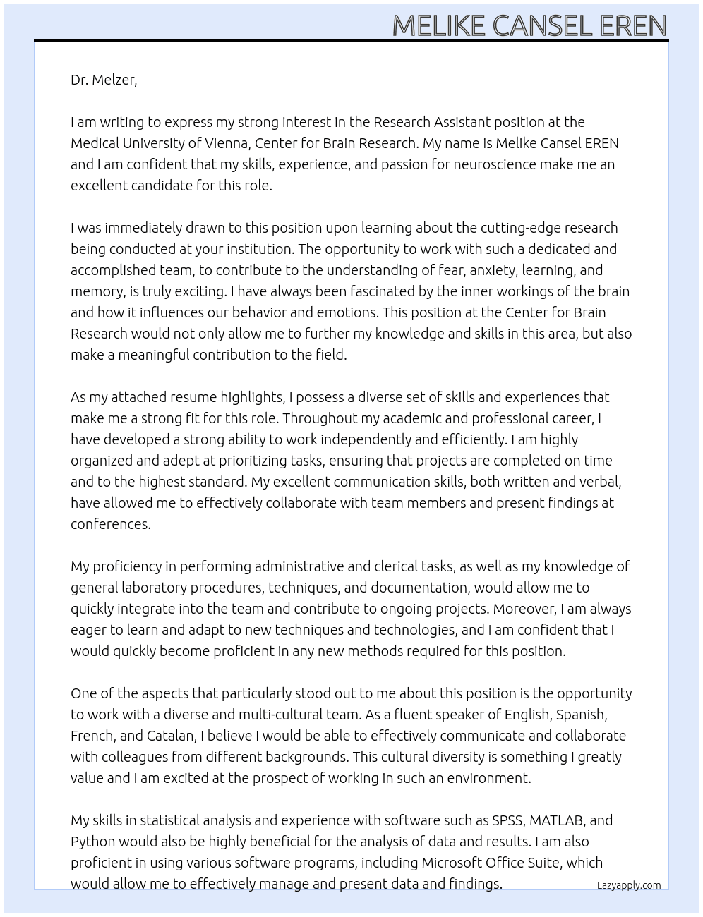 Research Assistant At Medical University of Vienna, Center for Brain Research Cover Letter