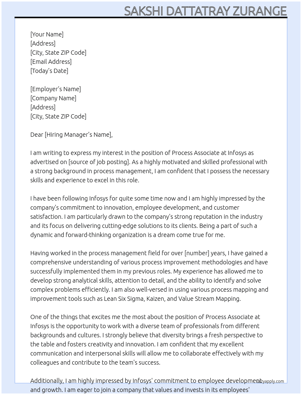 Process associate At Infosys Cover Letter