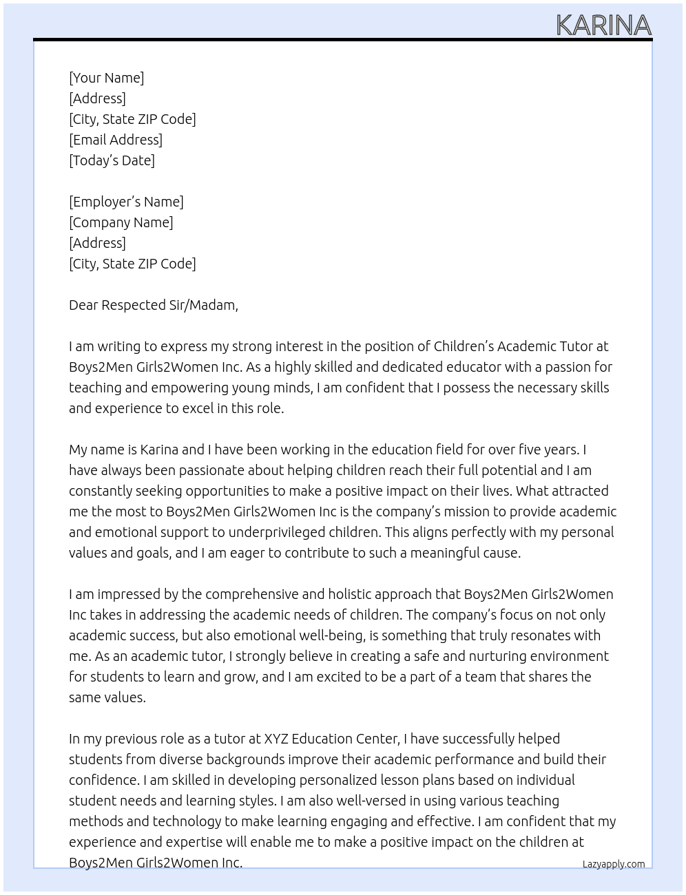 Children's Academic Tutor At  Boys2Men Girls2Women Inc Cover Letter