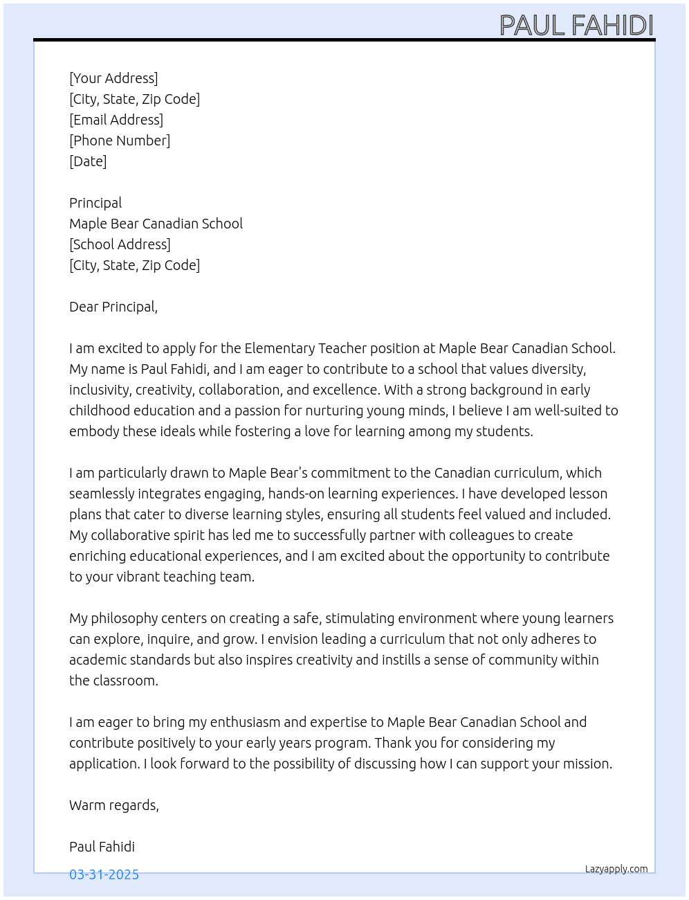 Elementary Teacher At Maple Bear Canadian School Cover Letter
