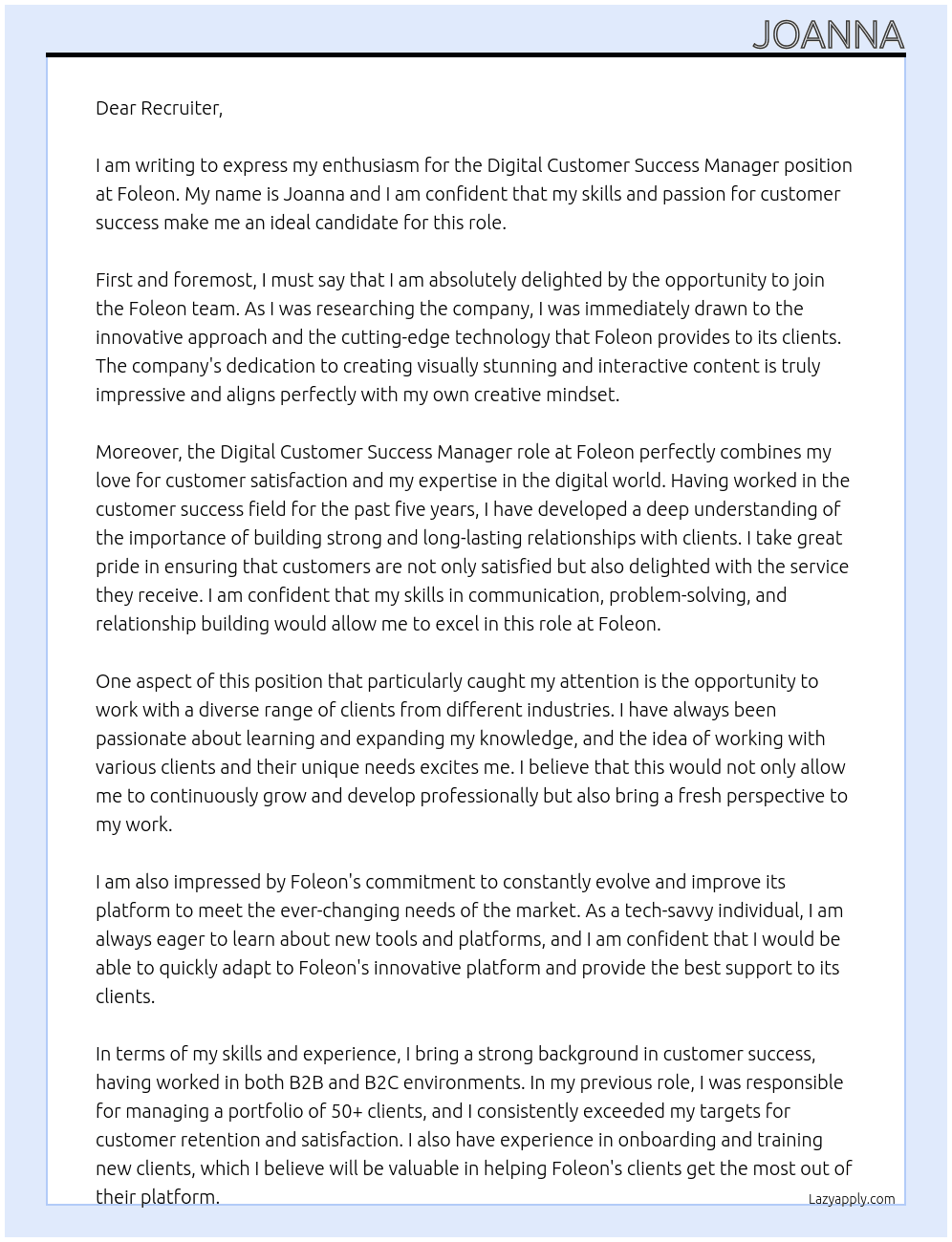 Digital Customer Success Manager At foleon Cover Letter