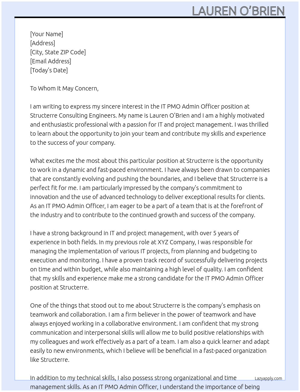 IT PMO Admin Pfficer At Structerre Consulting Engineers  Cover Letter