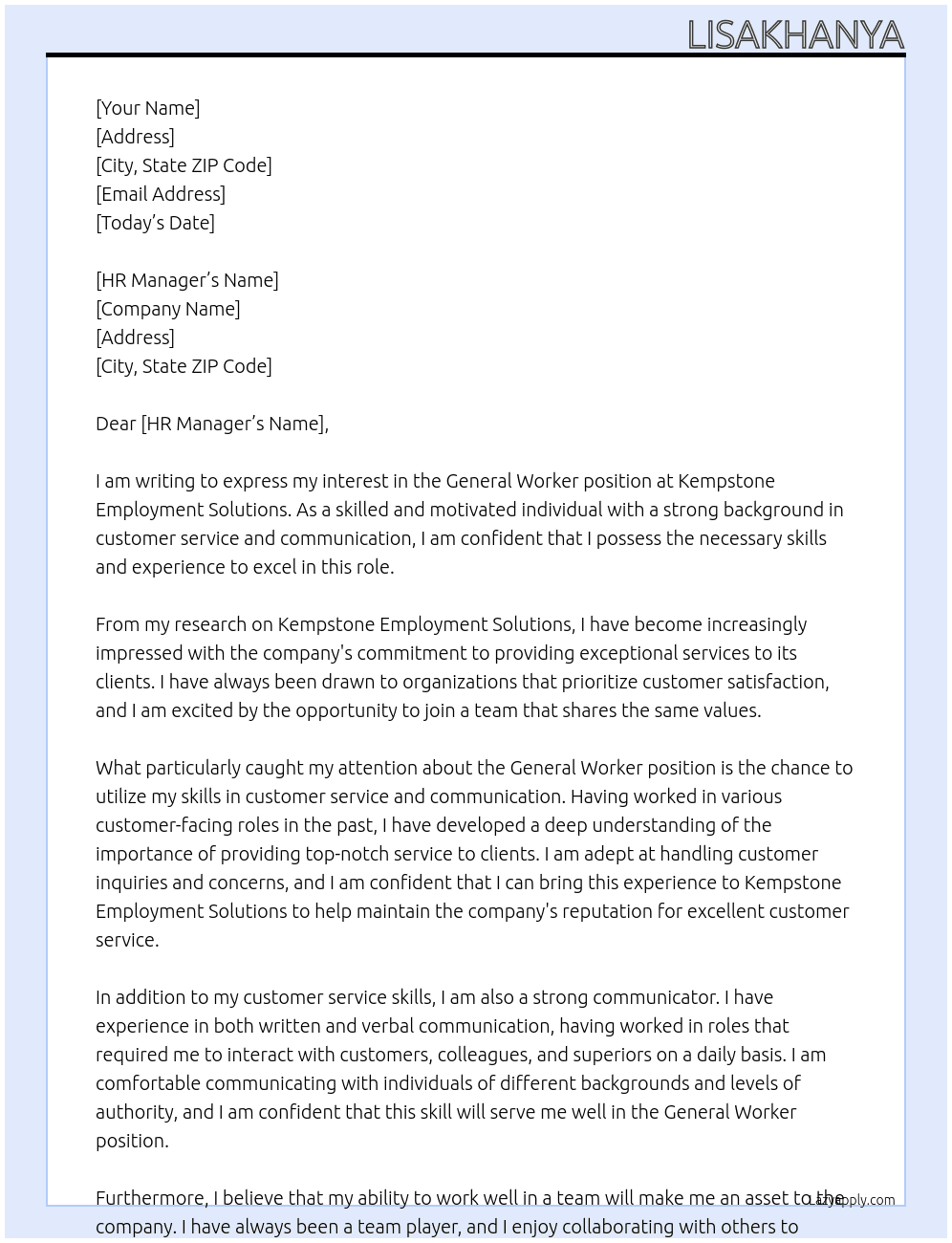 General worker At Kempstone Employment Solutions Cover Letter