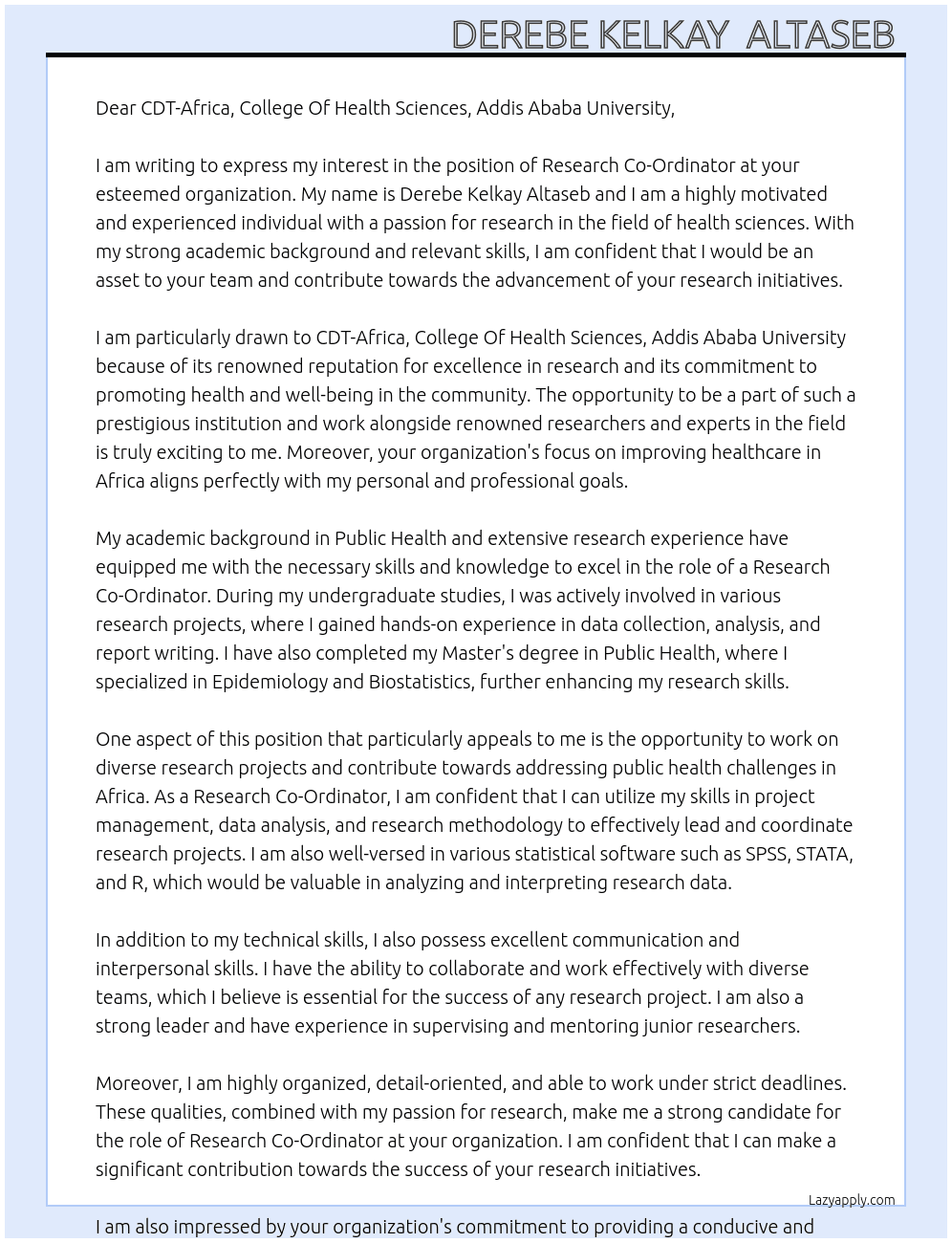  Research Co-Ordinator At CDT-Africa, College Of Health Sciences, Addis Ababa University  Cover Letter