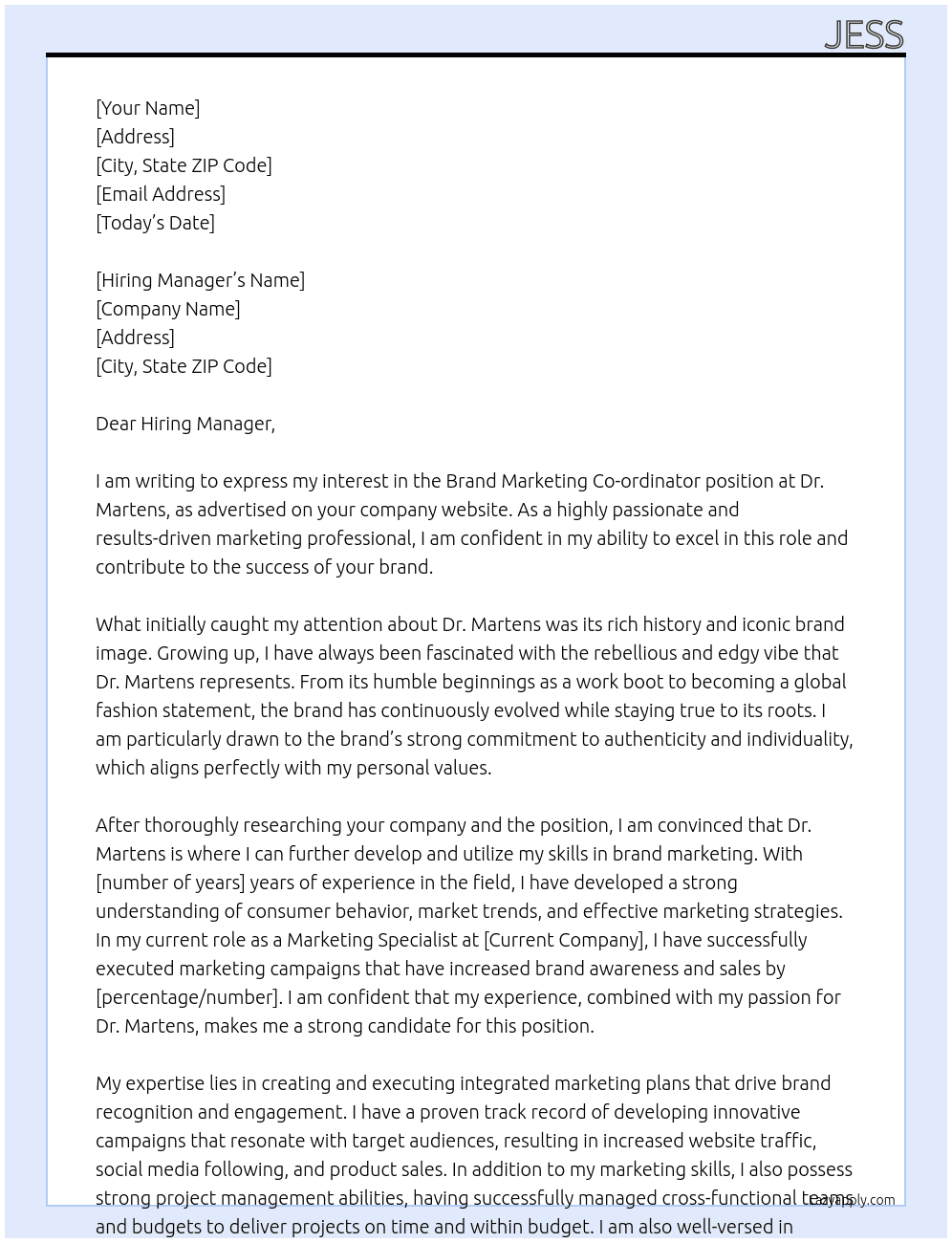 brand marketing co-ordinator At dr martens Cover Letter