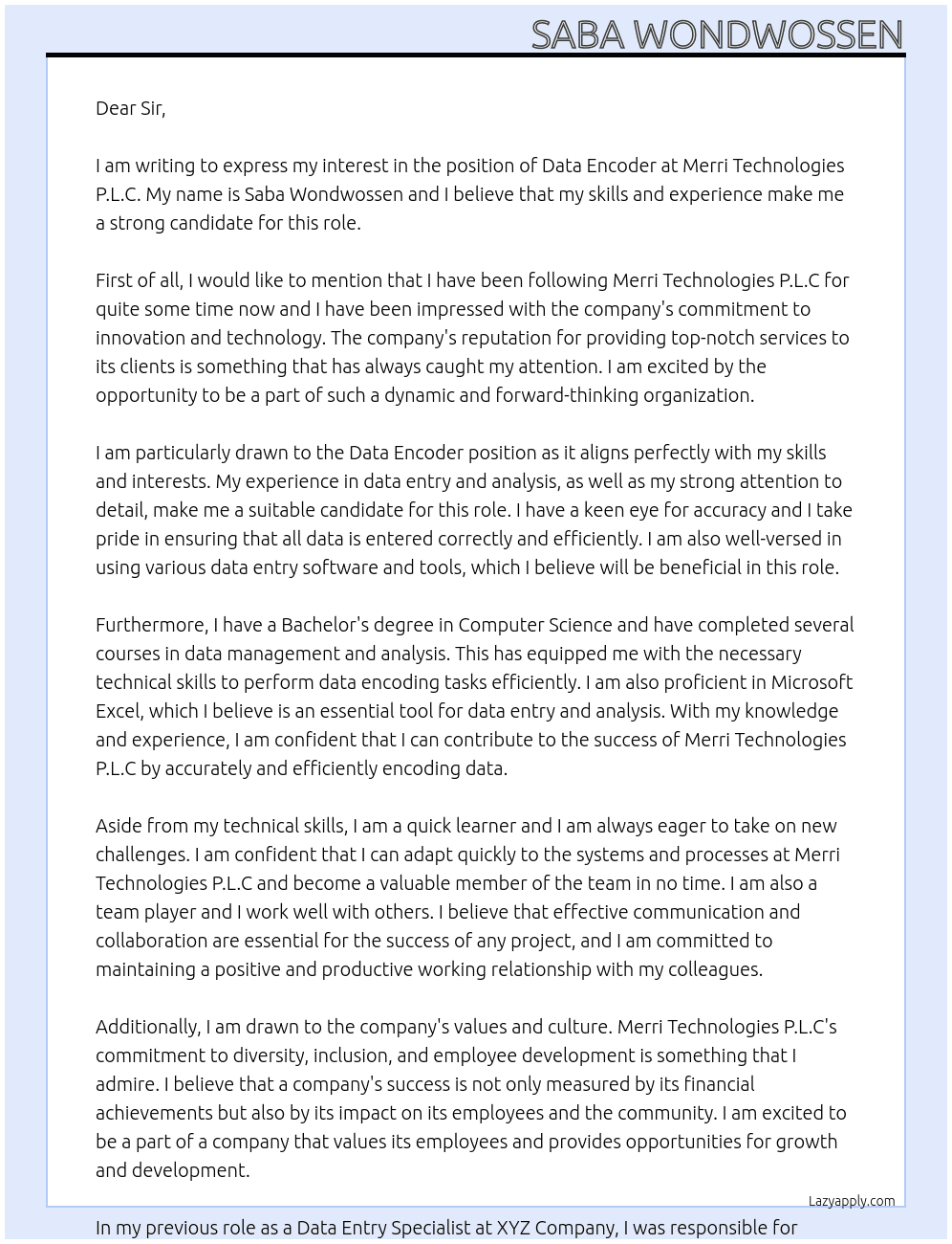 data encoder At Merri Technologies P.L.C Cover Letter