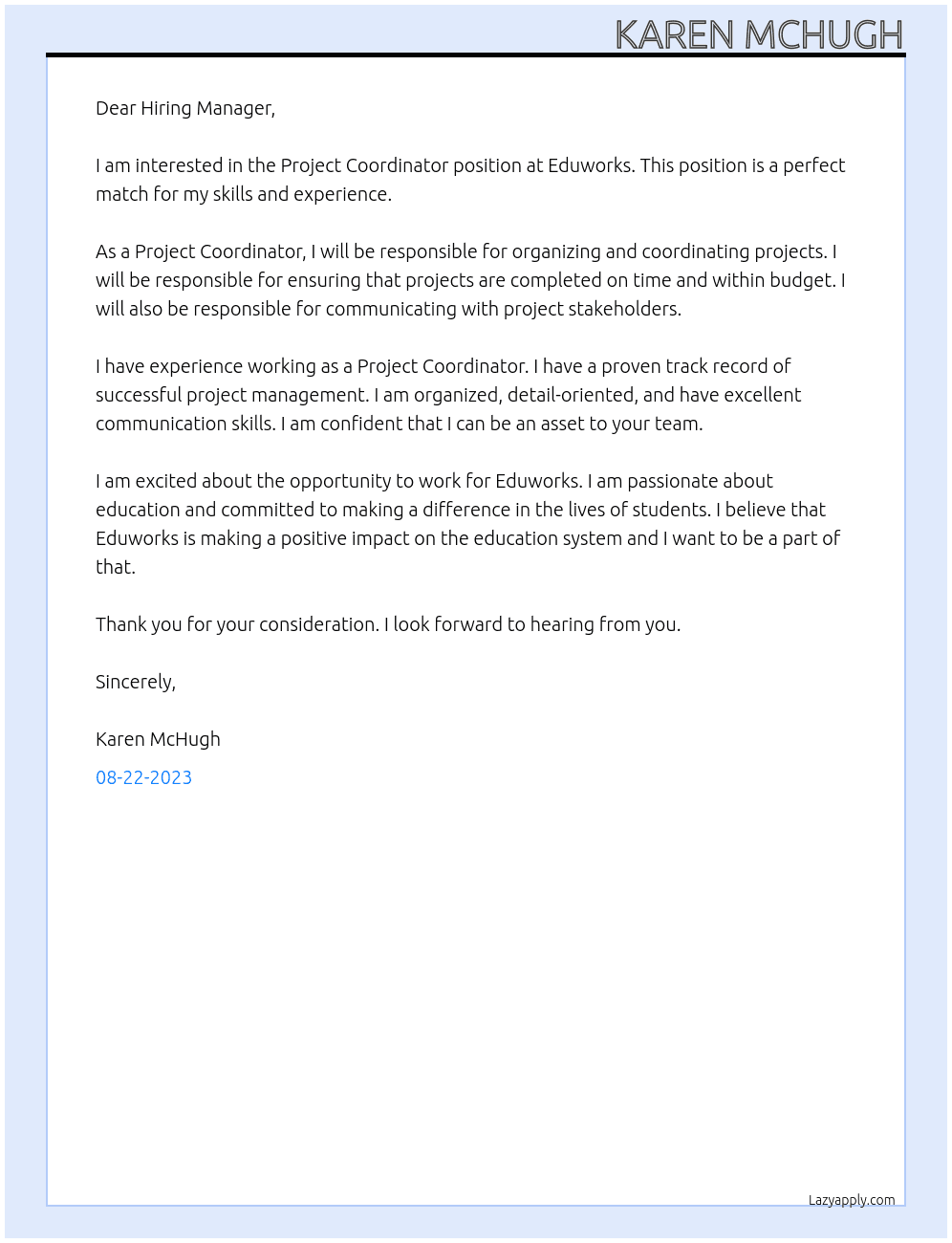 Project Coordinator At Eduworks Cover Letter
