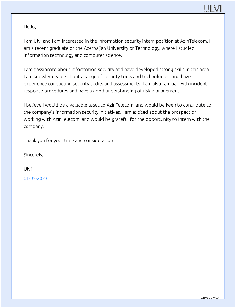 İnformation security intern At AzInTelecom Cover Letter