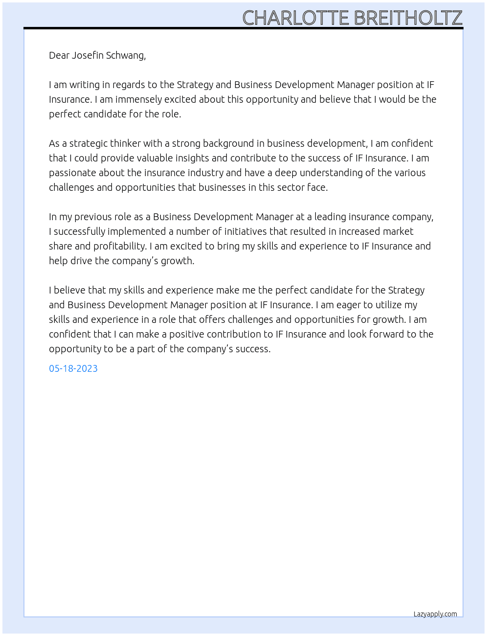 Strategy and business development manager At IF Insurance  Cover Letter