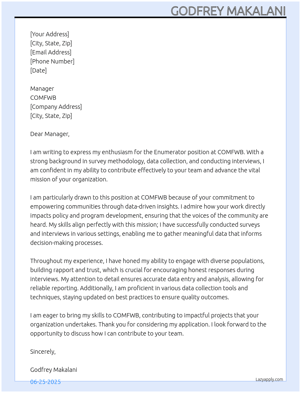 Enemurator  At COMFWB Cover Letter