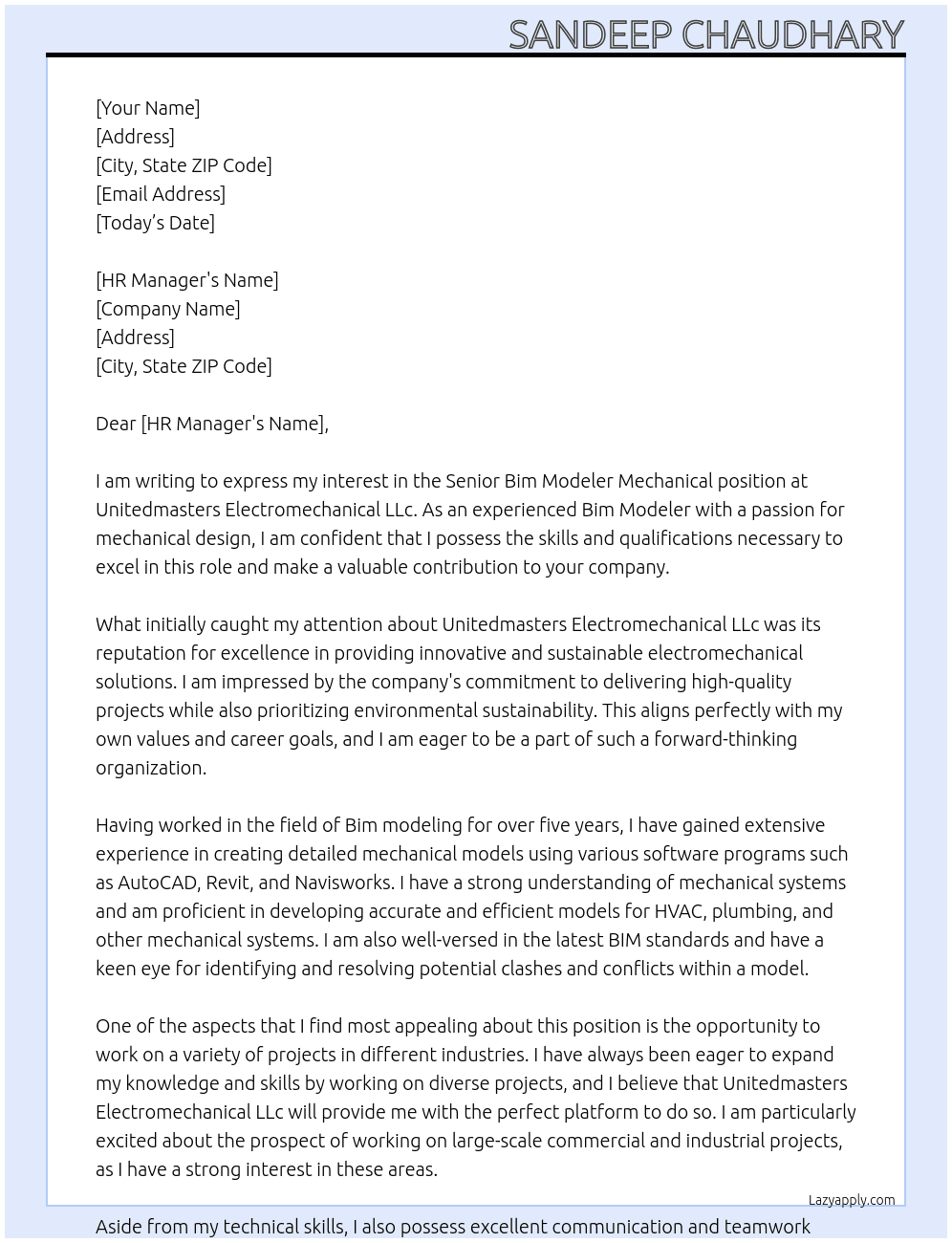 Senior Bim Modeler Mechanical At Unitedmasters Electromechanical LLc Cover Letter