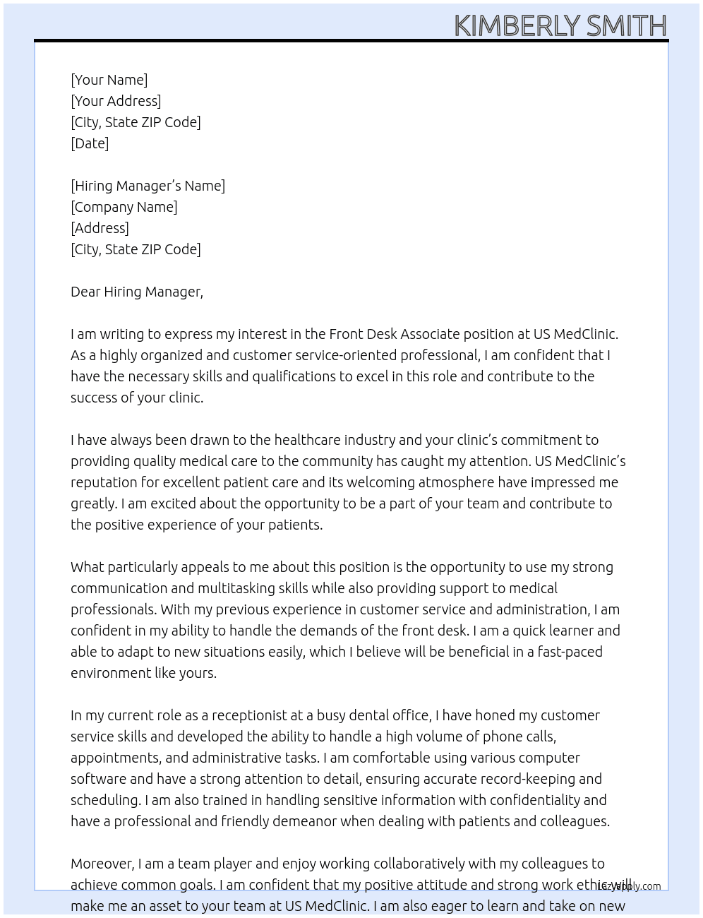 Front Desk Associate  At US MedClinic  Cover Letter