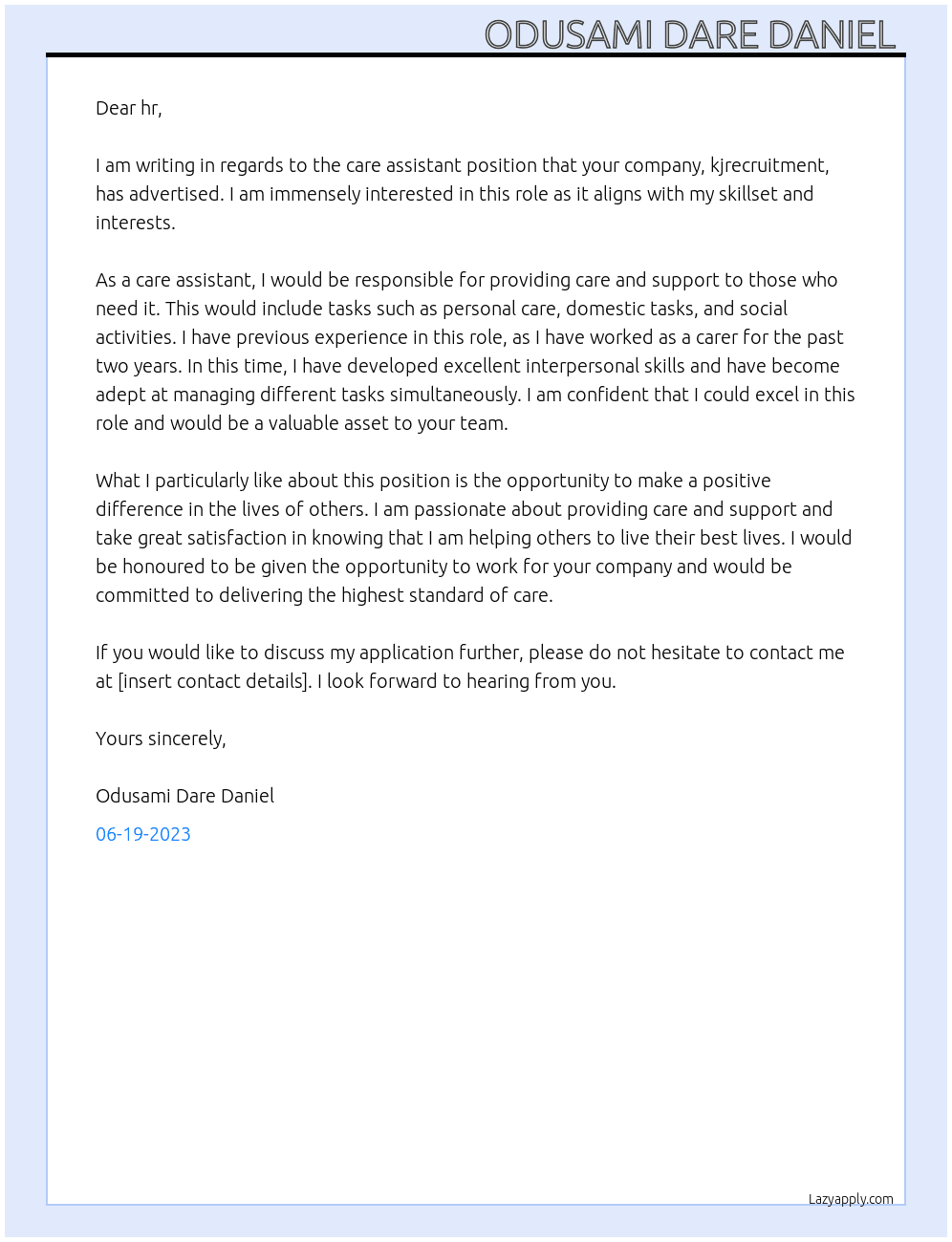care Assistant  At kjrecruitment  Cover Letter