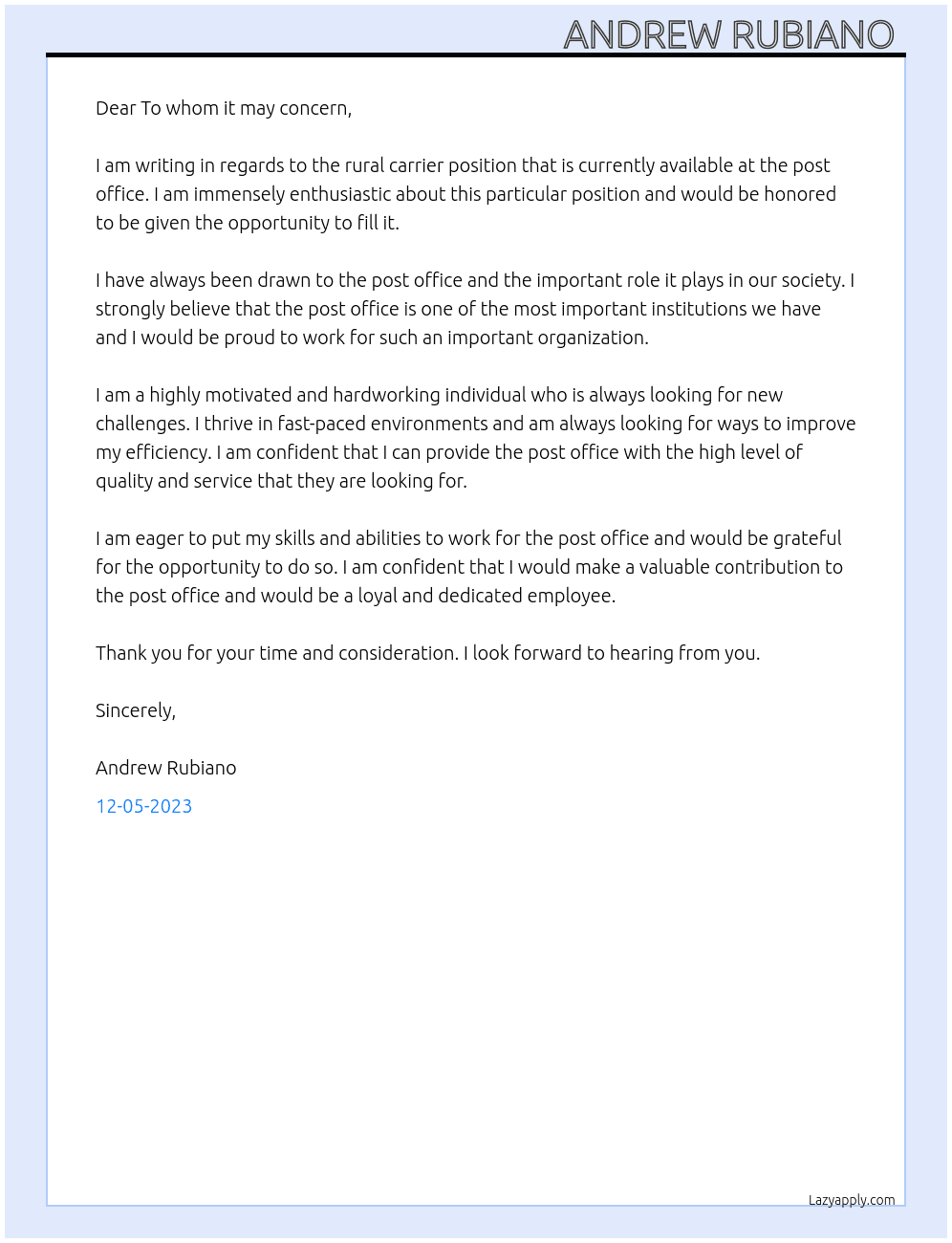 rural carrier  At Post office  Cover Letter