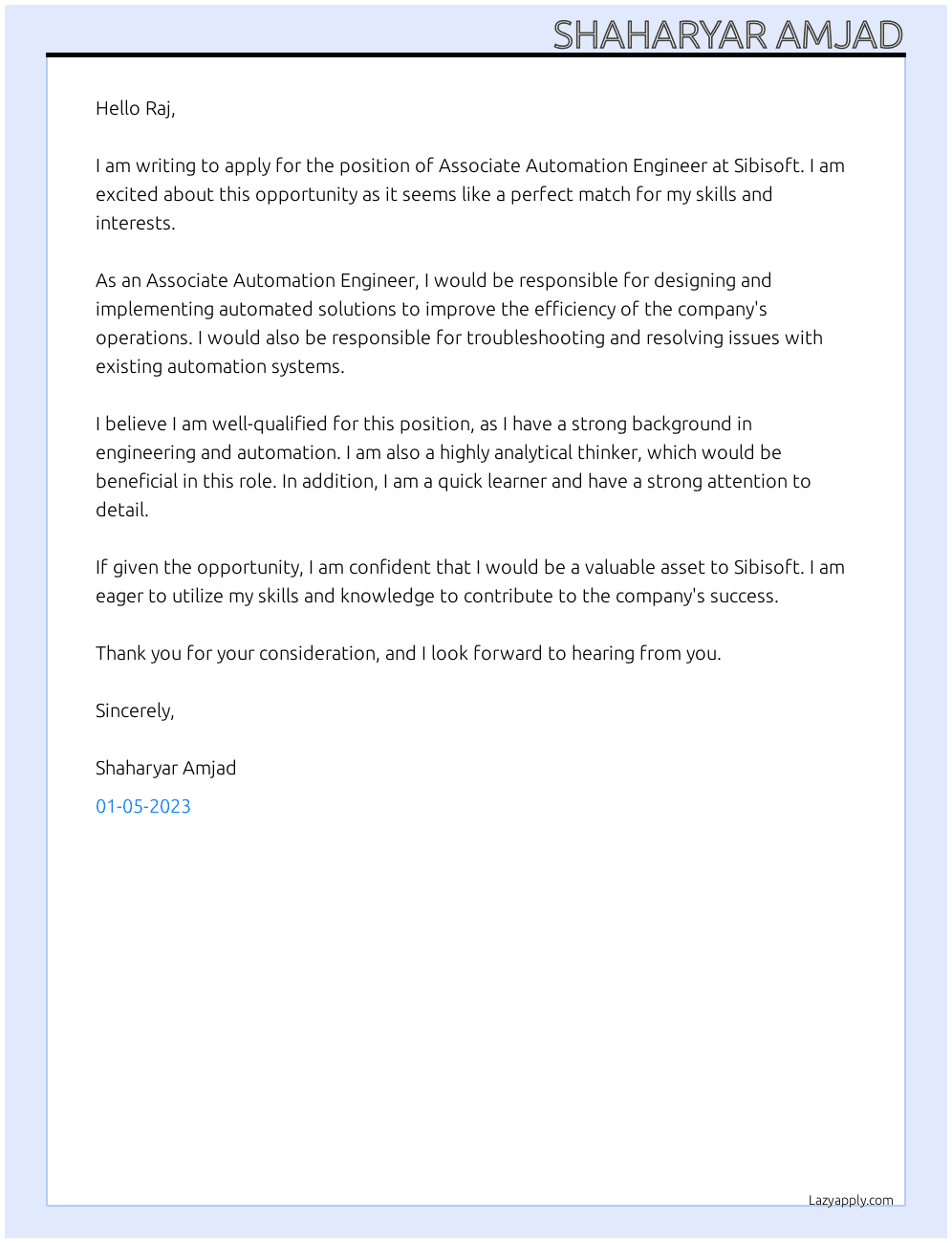 Cover letter for associate automation engineer - LazyApply