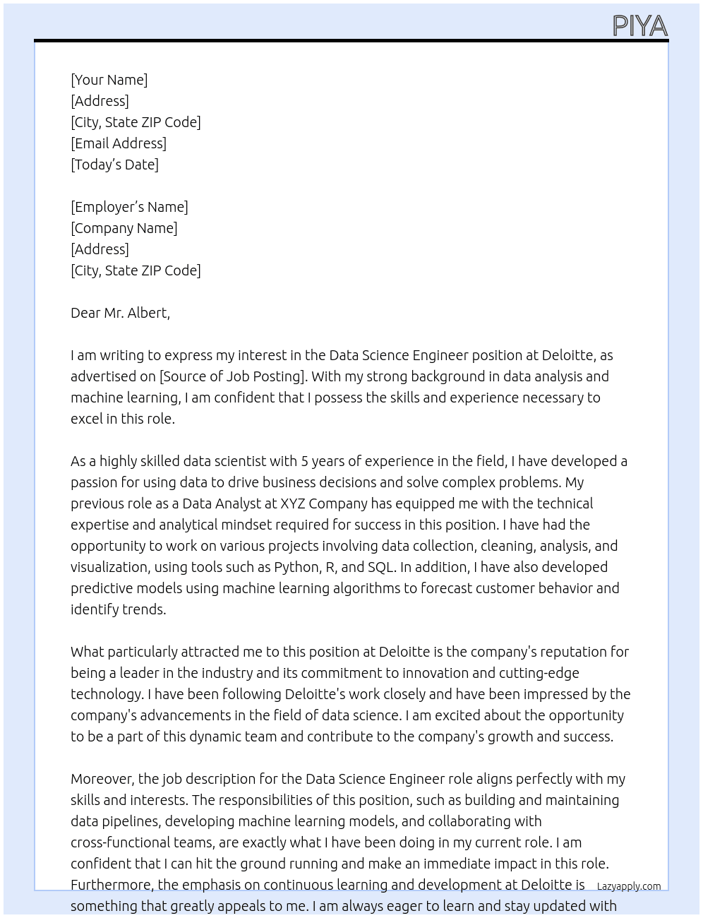 Data Science Engineer At Deloite Cover Letter