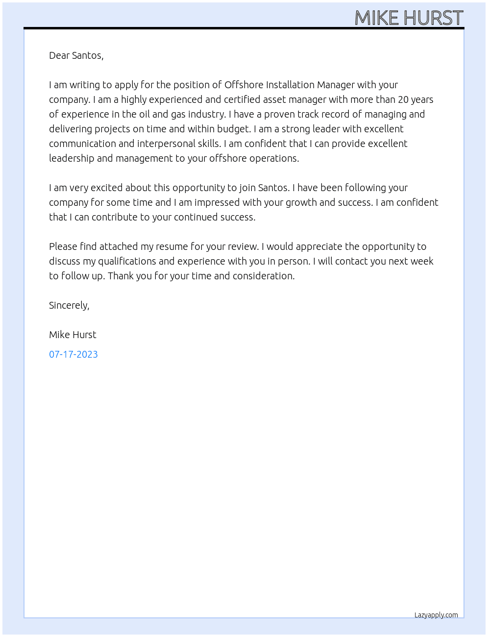 Offshore Installation Manager At Santos Cover Letter