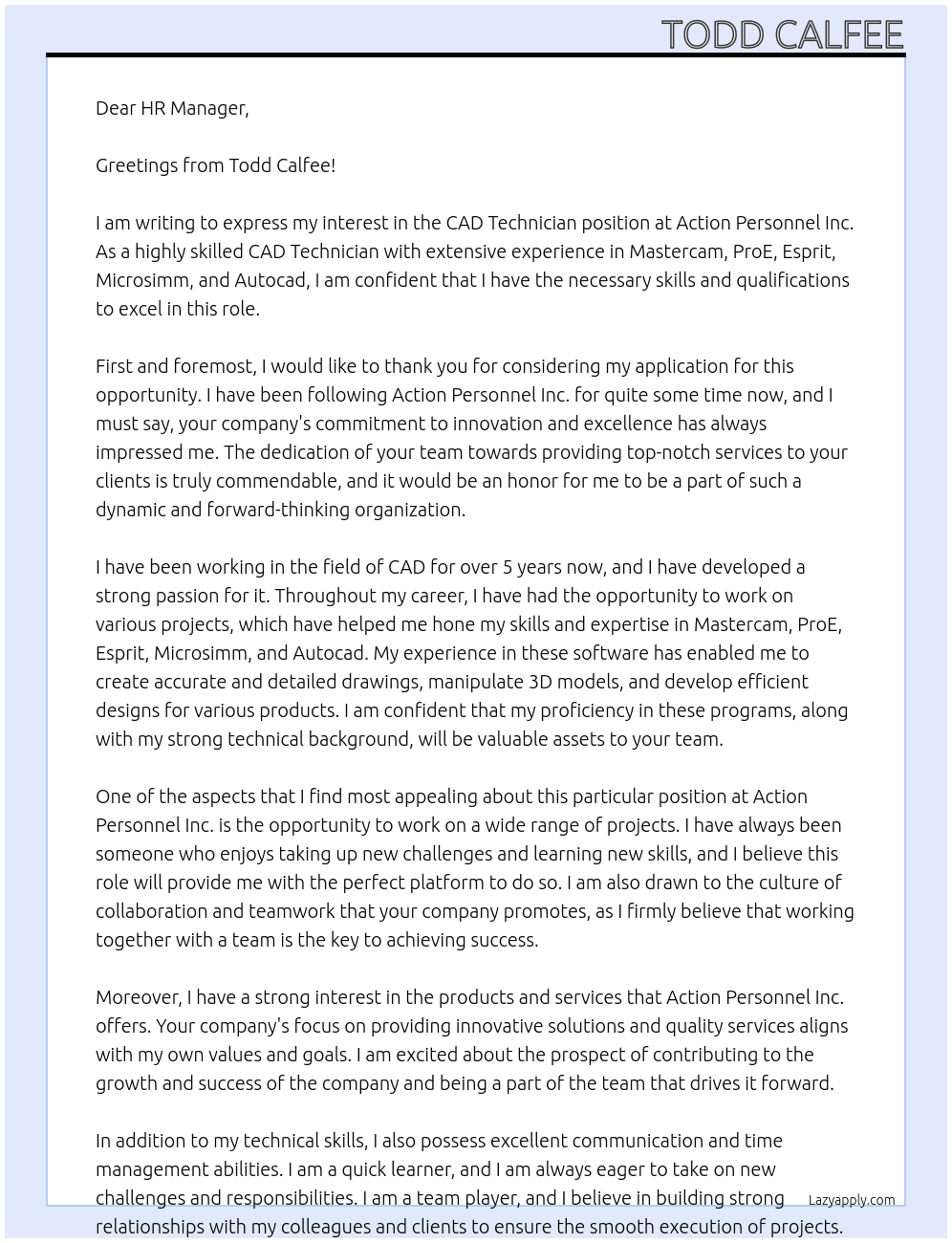 CAD Technician  At Action Personnel Inc. Cover Letter