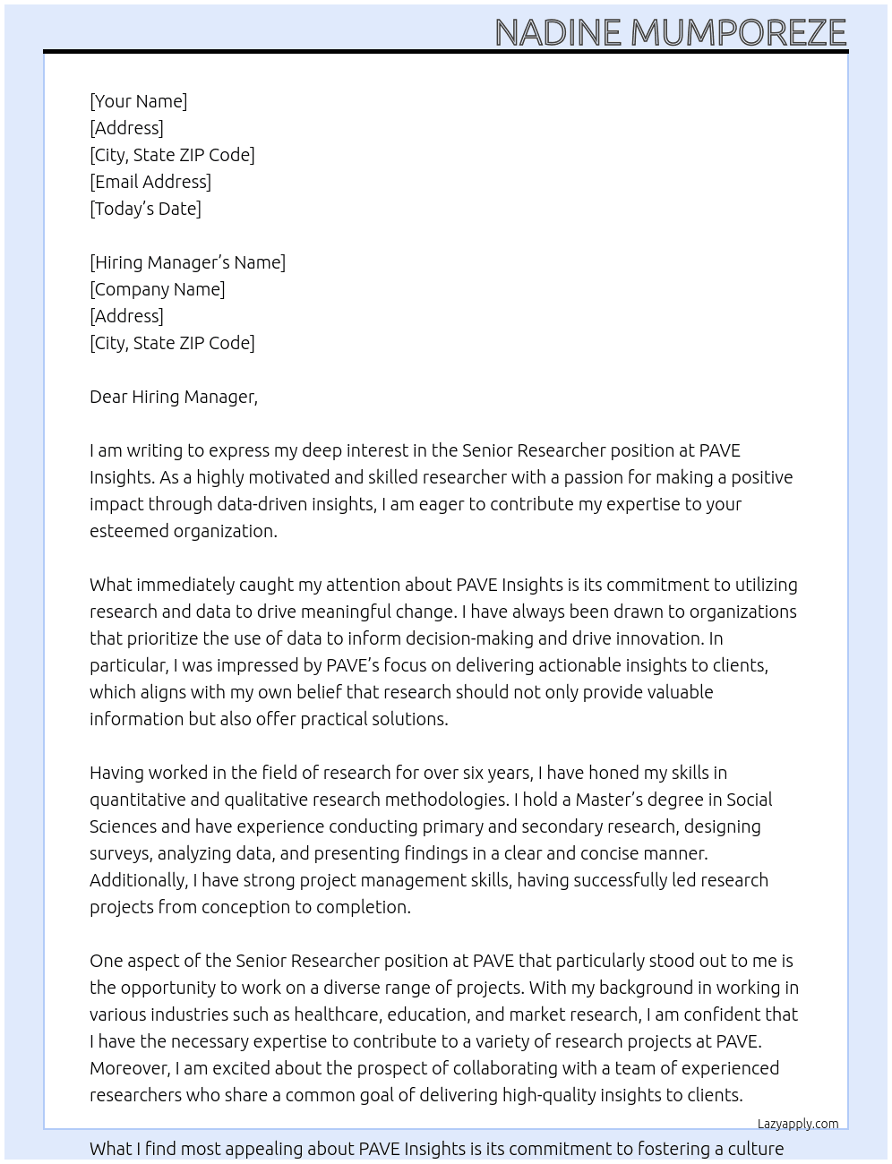 Senior researcher  At PAVE Insights  Cover Letter