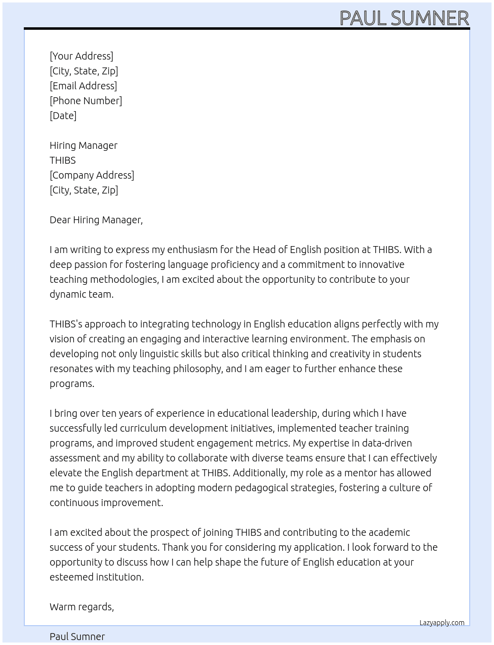 Cover letter for head of english - LazyApply