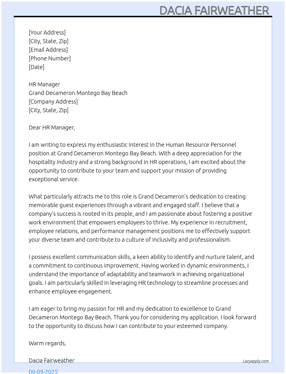 Human Resource Personnel  At Grand Decameron Montego Bay Beach Cover Letter