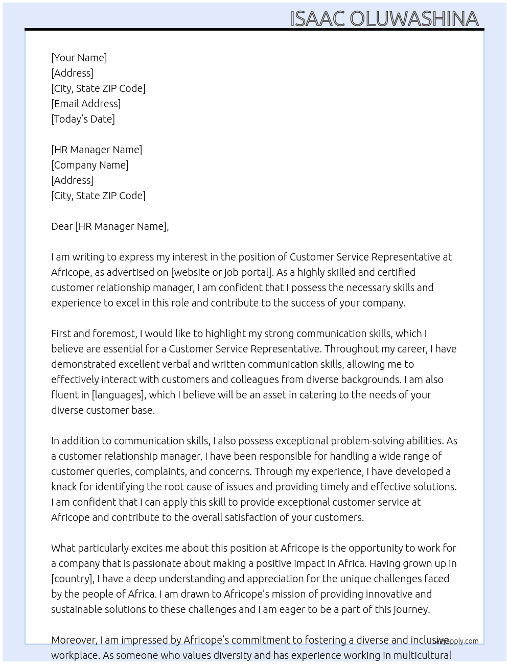 Customer Service Representative At Africope Cover Letter