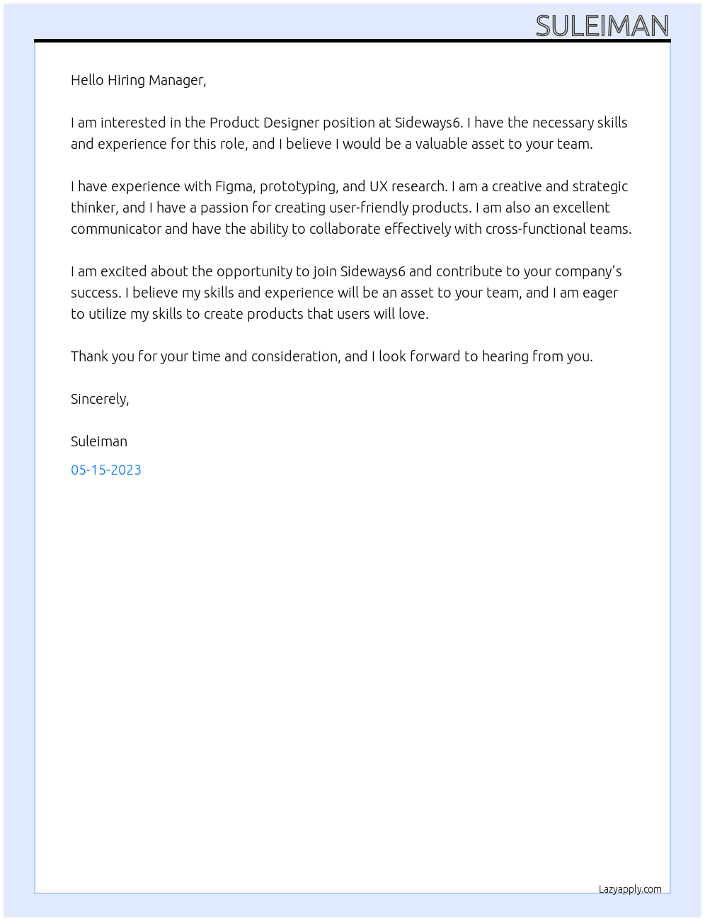 Product Designer At Sideways6 Cover Letter