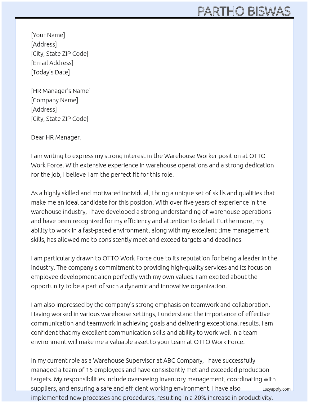 Warehouse worker  At OTTO Work Force Cover Letter