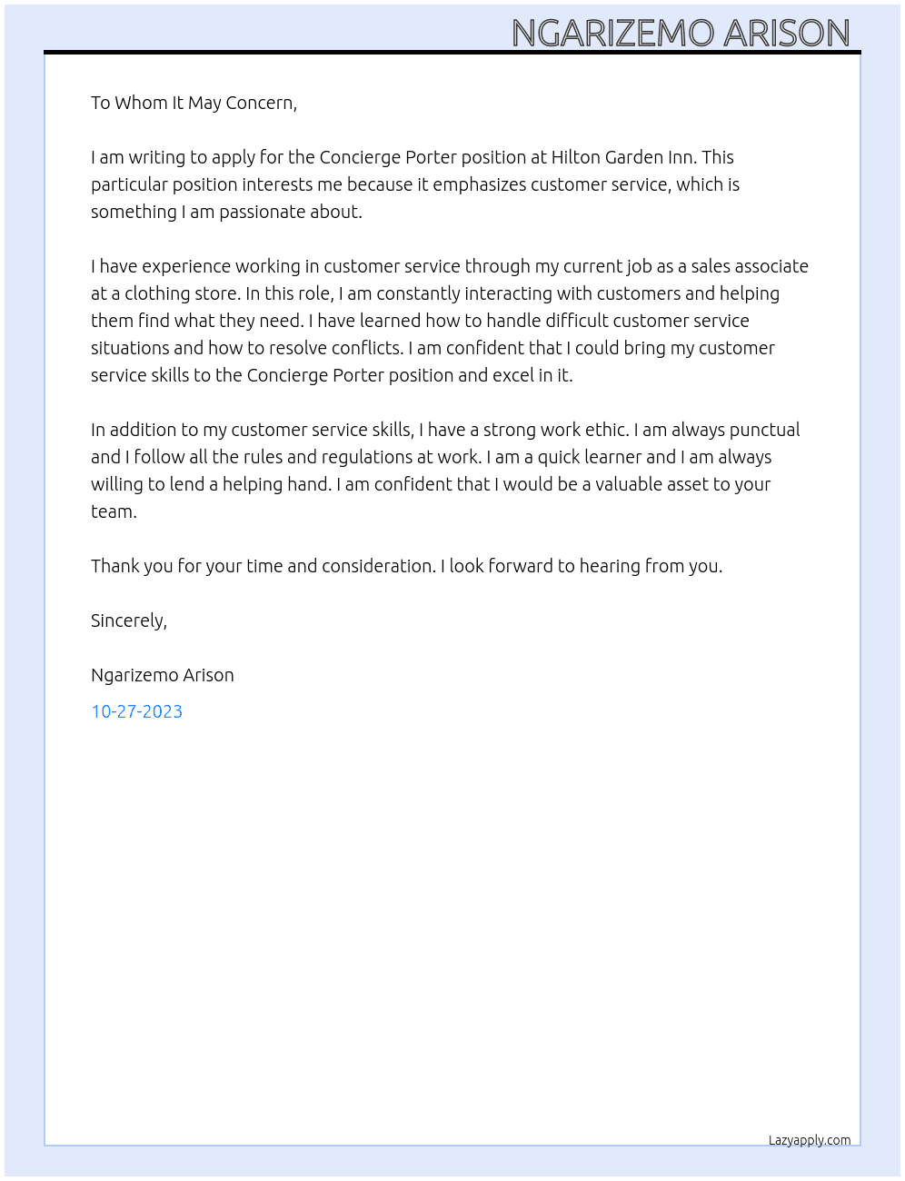 Concierge porter  At Hilton Garden inn  Cover Letter