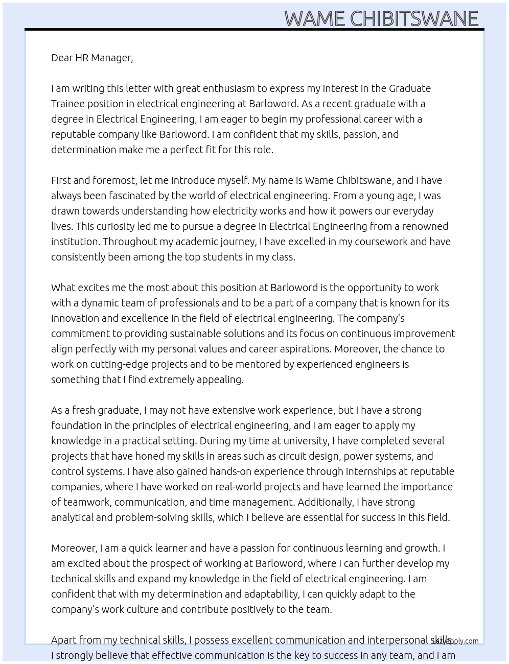 Graduate Trainee - electrical engineering  At Barloword  Cover Letter