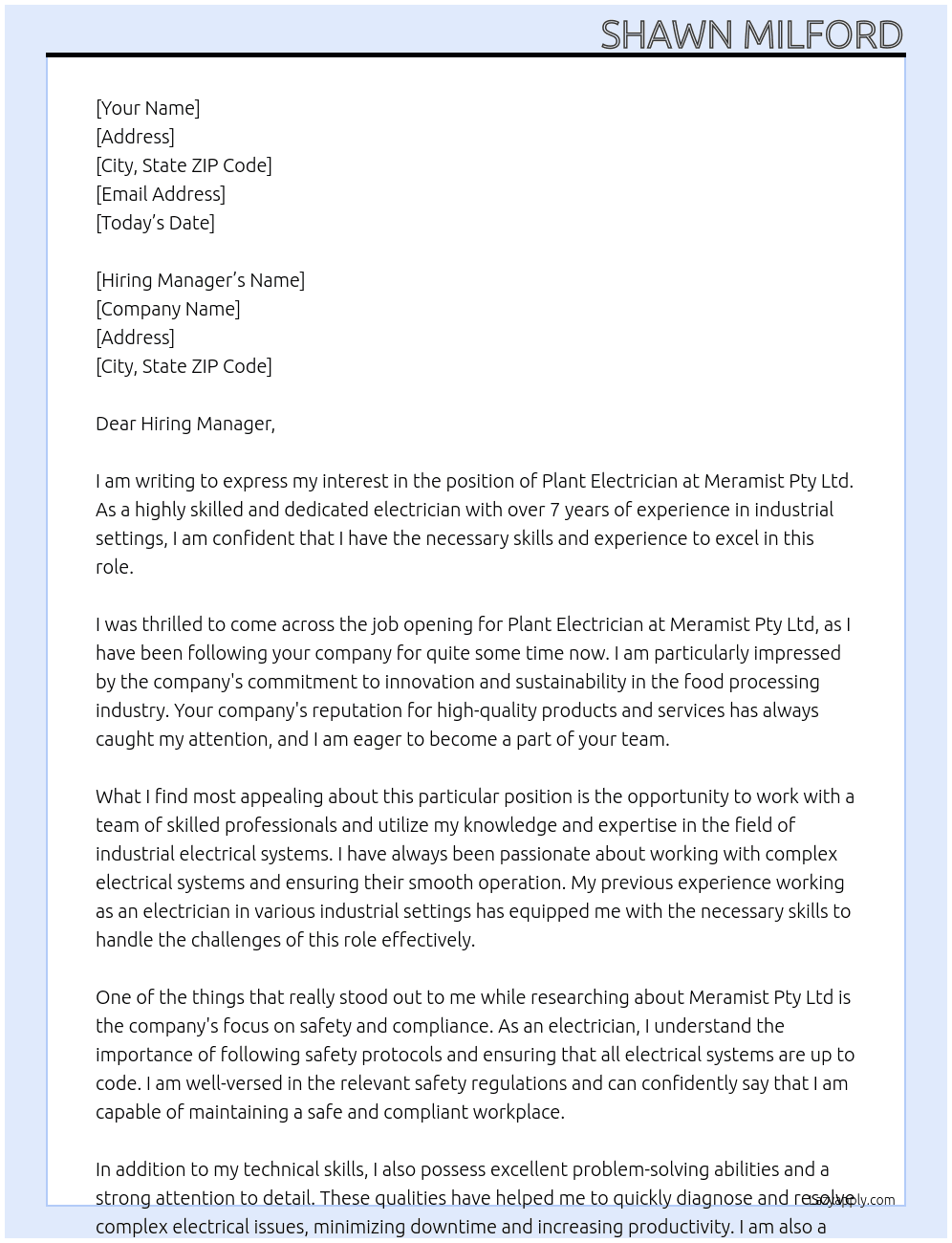 Cover letter for plant electrician - LazyApply