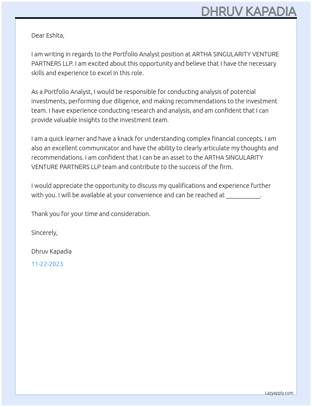 Portfolio Analyst At ARTHA SINGULARITY VENTURE PARTNERS LLP Cover Letter